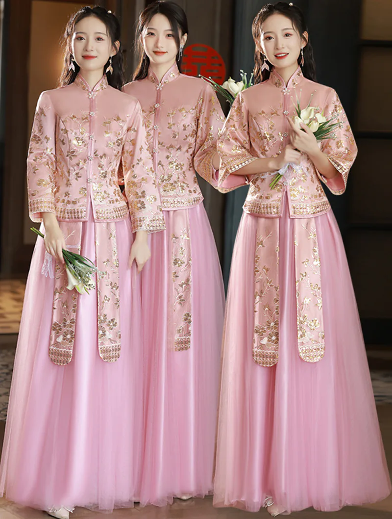 Classic Chinese Style Wedding Pink Embroidery Bridesmaid Xiuhe Dress02
