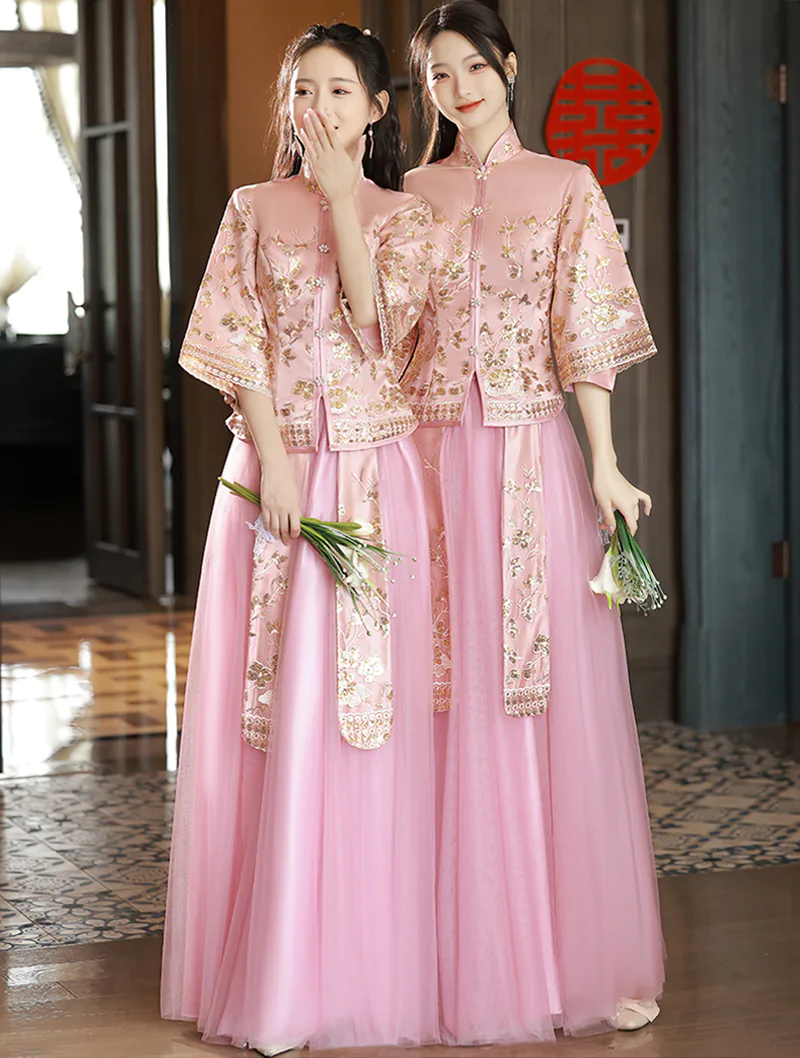 Classic Chinese Style Wedding Pink Embroidery Bridesmaid Xiuhe Dress03