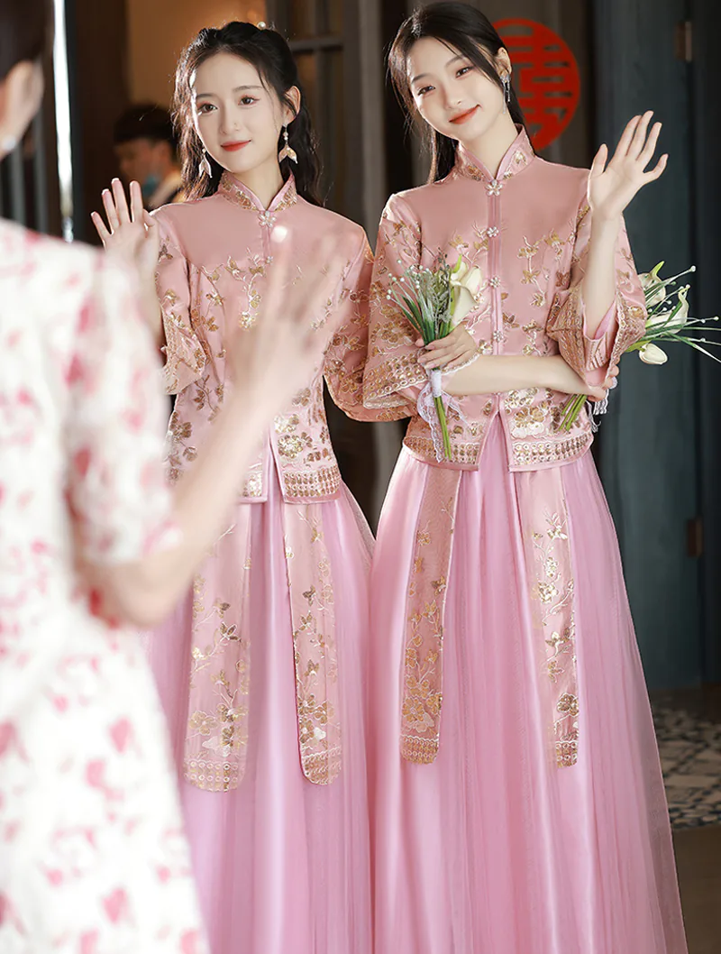 Classic Chinese Style Wedding Pink Embroidery Bridesmaid Xiuhe Dress04
