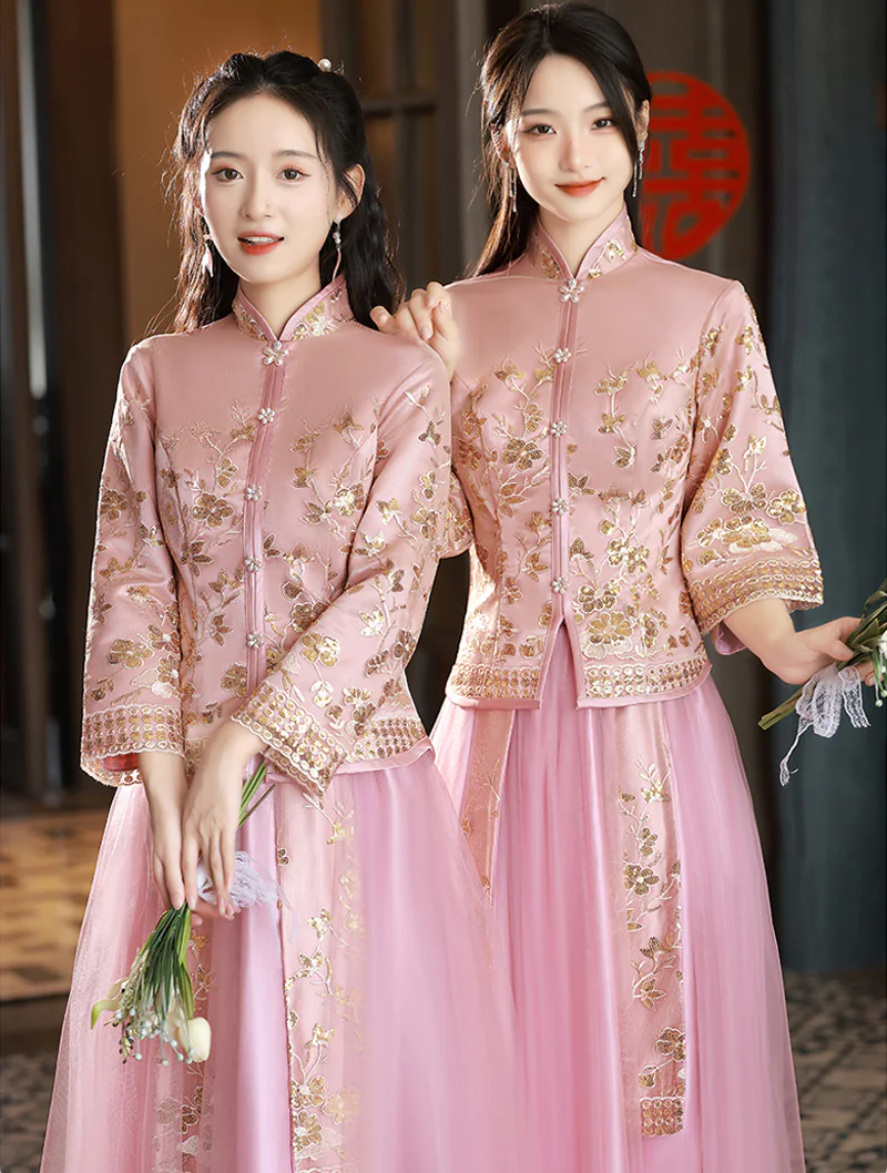 Classic Chinese Style Wedding Pink Embroidery Bridesmaid Xiuhe Dress05