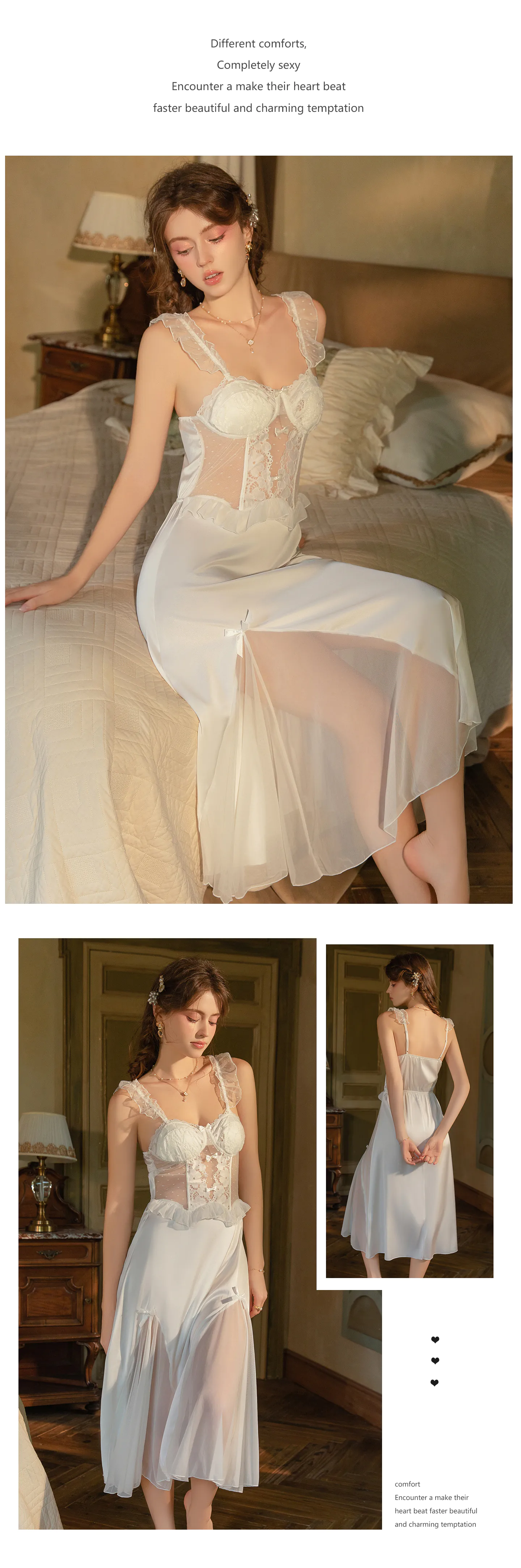 Deep-V-Neck-Lace-Push-Up-Sheer-Mesh-Satin-Nightgown-Slip-Chemise17