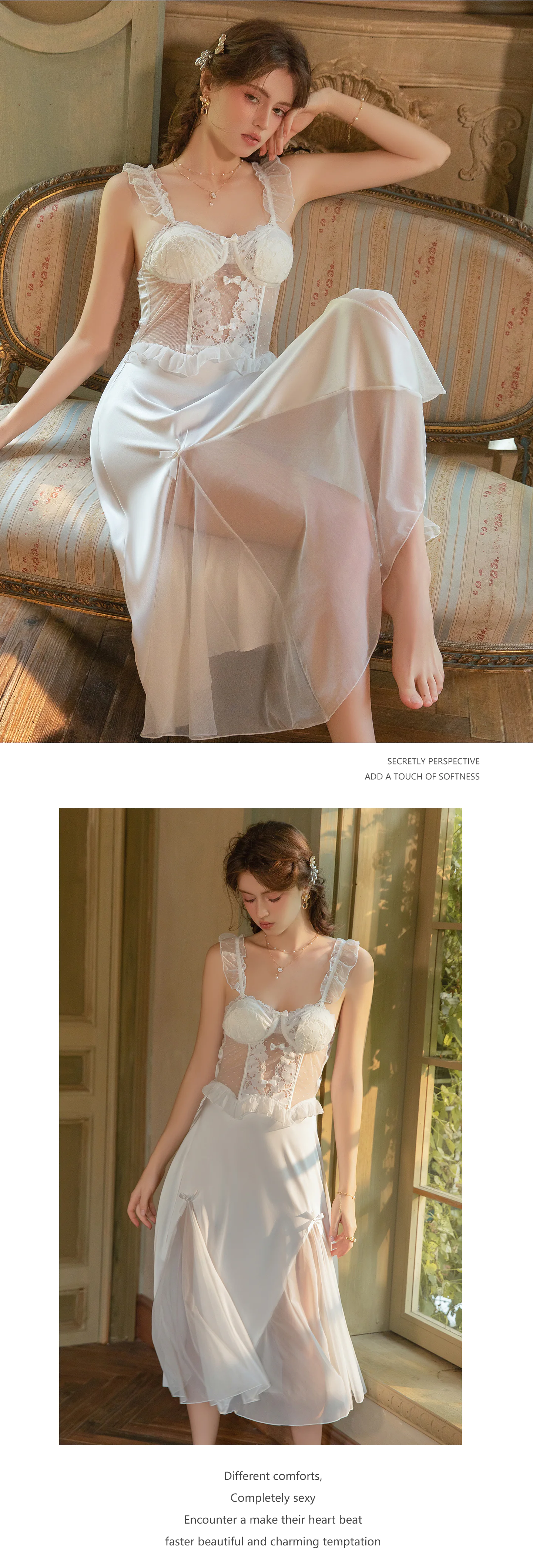 Deep-V-Neck-Lace-Push-Up-Sheer-Mesh-Satin-Nightgown-Slip-Chemise18