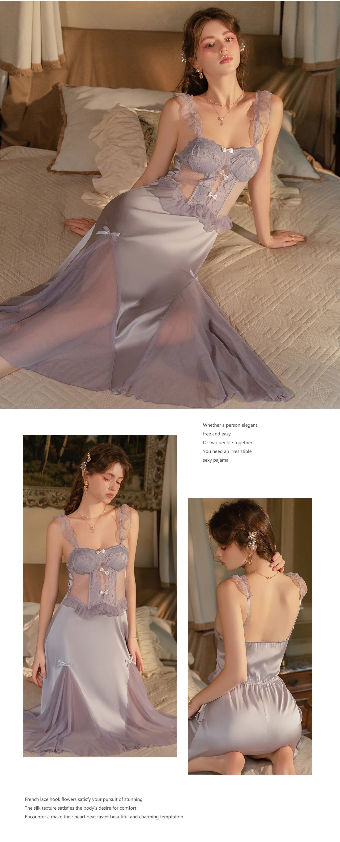 Deep-V-Neck-Lace-Push-Up-Sheer-Mesh-Satin-Nightgown-Slip-Chemise19