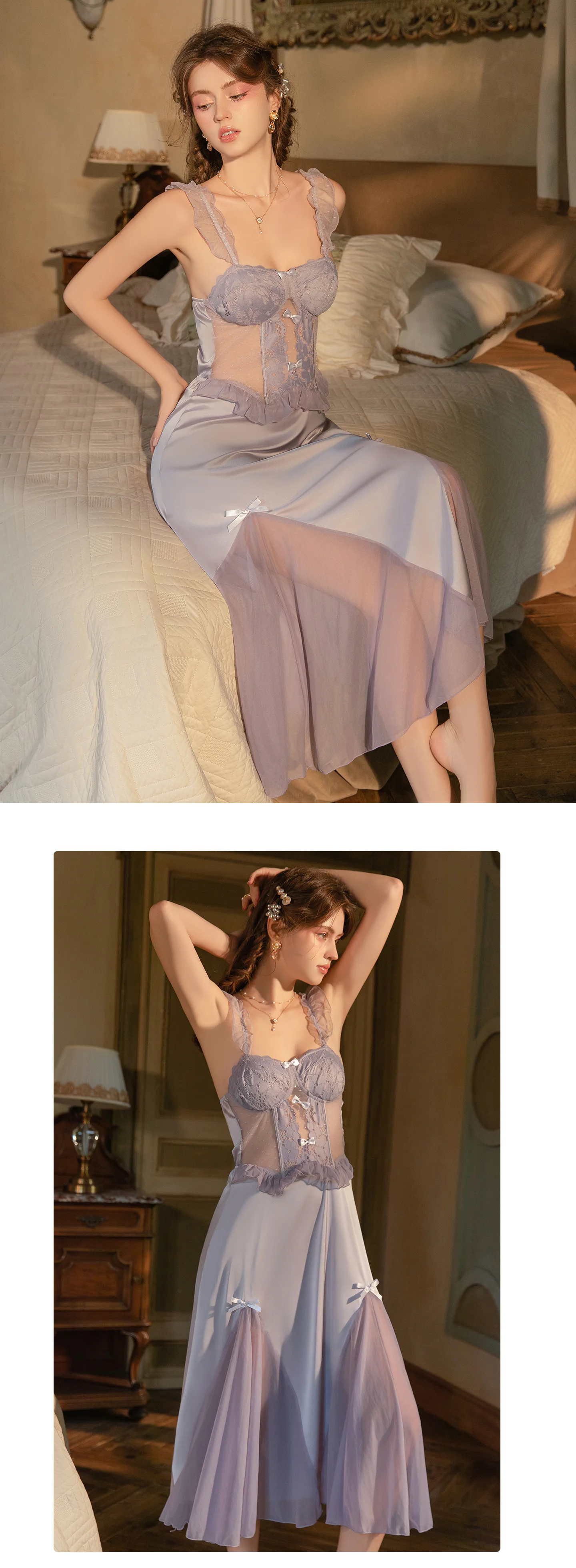 Deep-V-Neck-Lace-Push-Up-Sheer-Mesh-Satin-Nightgown-Slip-Chemise20