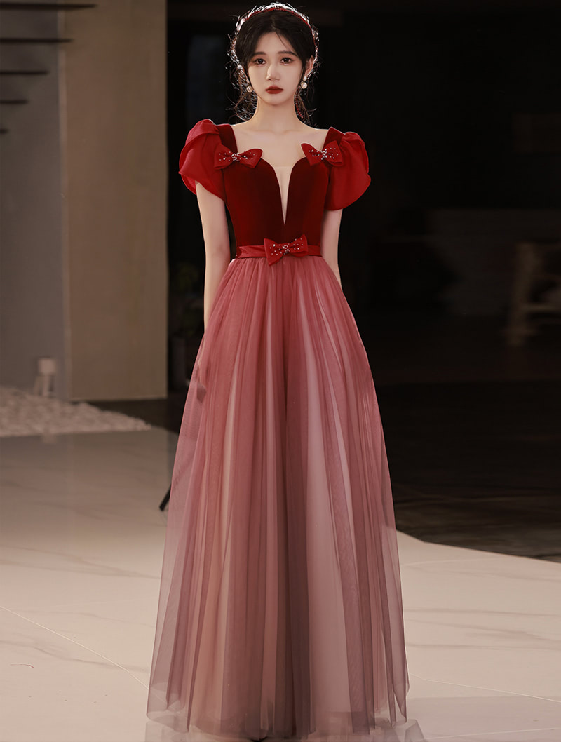 Elegant Hepburn Style Burgundy Party Prom Dress Evening Gown01