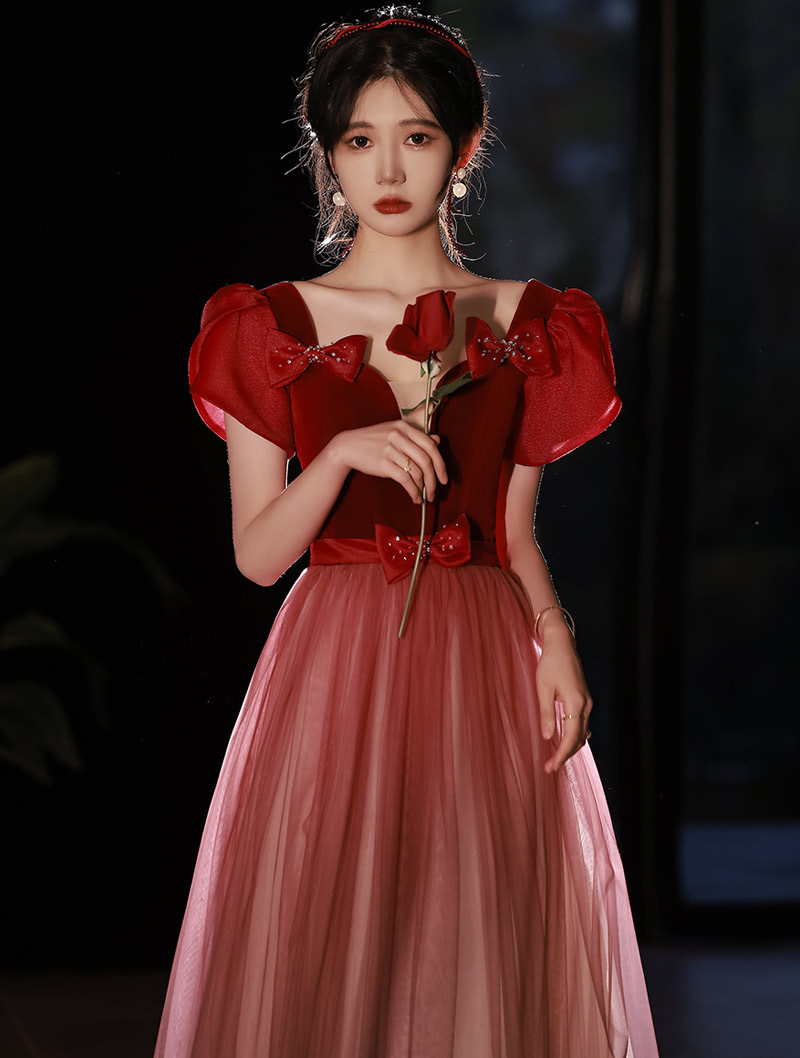 Elegant Hepburn Style Burgundy Party Prom Dress Evening Gown03