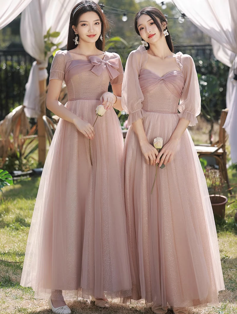 Elegant Pink Tulle Slim Fit Bridesmaid Wedding Guest Party Maxi Dress01