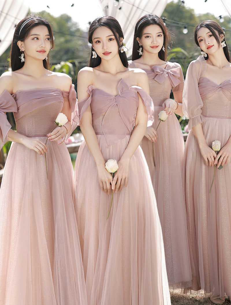 Elegant Pink Tulle Slim Fit Bridesmaid Wedding Guest Party Maxi Dress02