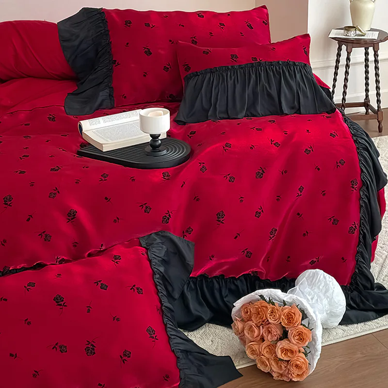 Elegant Ruffle Edge 100% Long Staple Cotton Bed Sheet Pillowcases Set01
