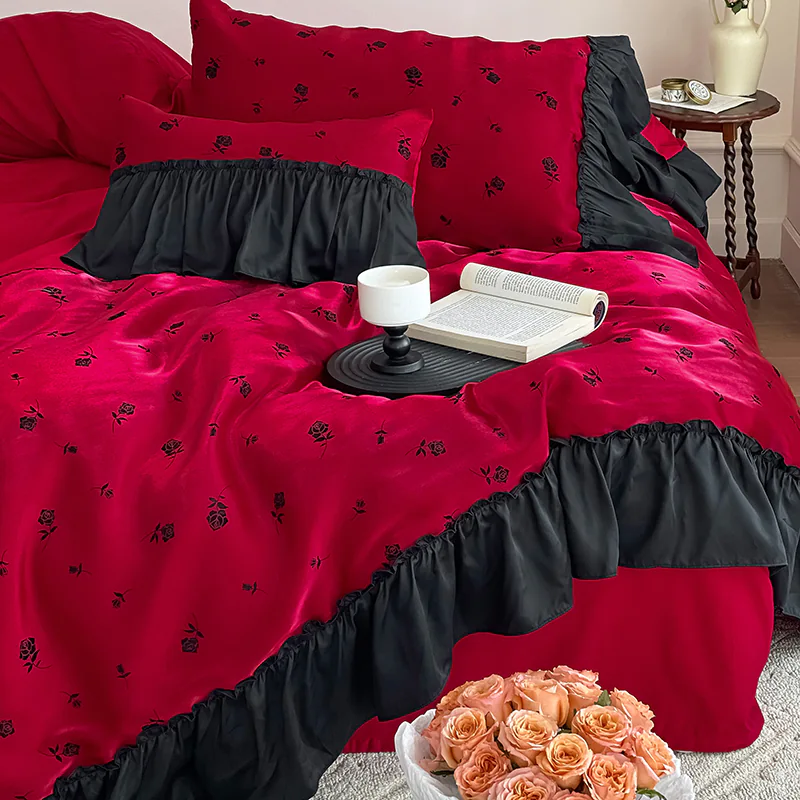 Elegant Ruffle Edge 100% Long Staple Cotton Bed Sheet Pillowcases Set02