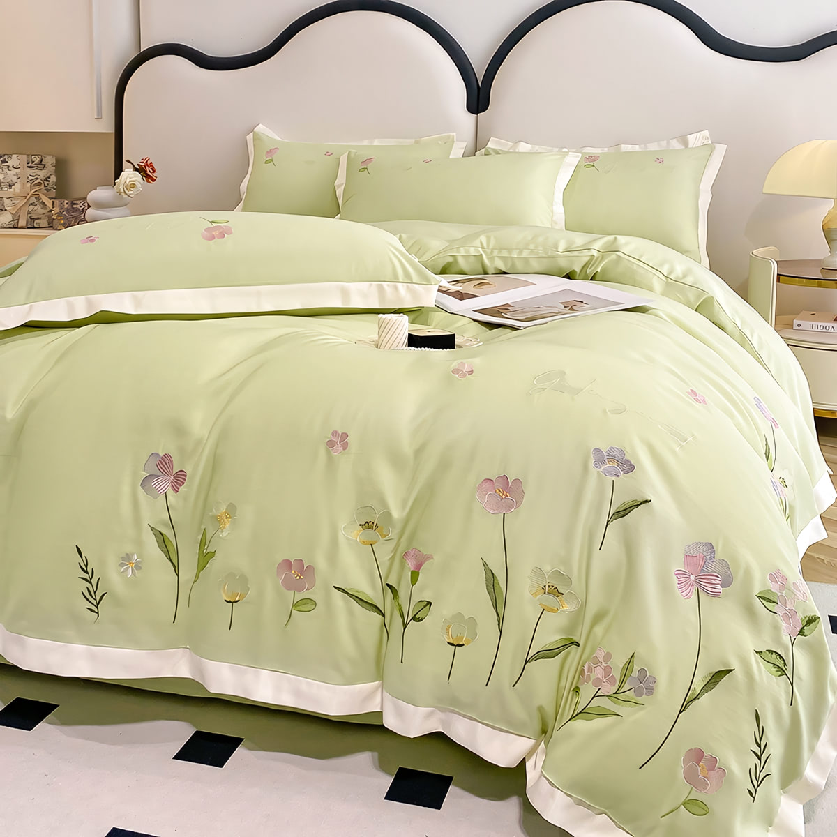 Embroidery Lyocell Tencel Satin Bed Sheets Set Queen King Size02