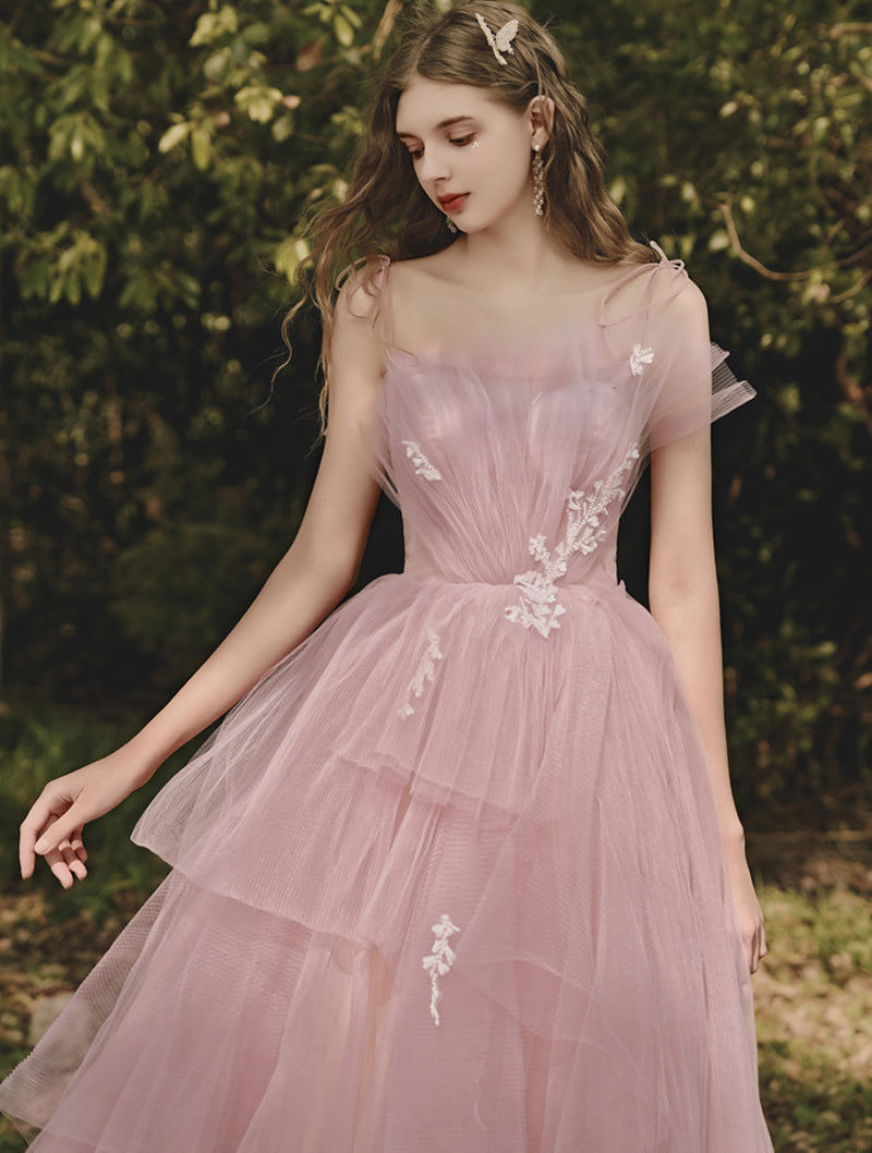 Fairy Pink Tulle Layered Lace Slip Dress Long Evening Party Gown02