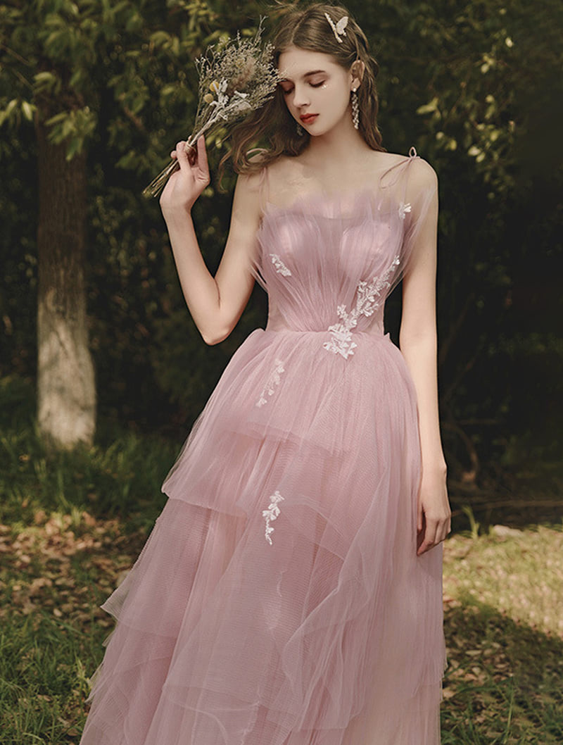 Fairy Pink Tulle Layered Lace Slip Dress Long Evening Party Gown04