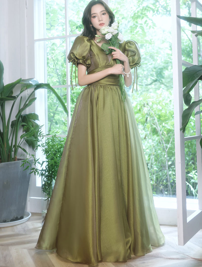 Fashion Green Satin Prom Party Dress with Short Puff Sleeves01