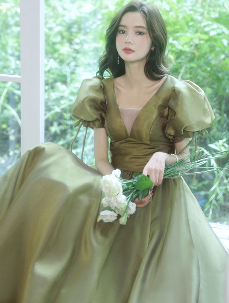 Fashion Green Satin Prom Party Dress with Short Puff Sleeves04
