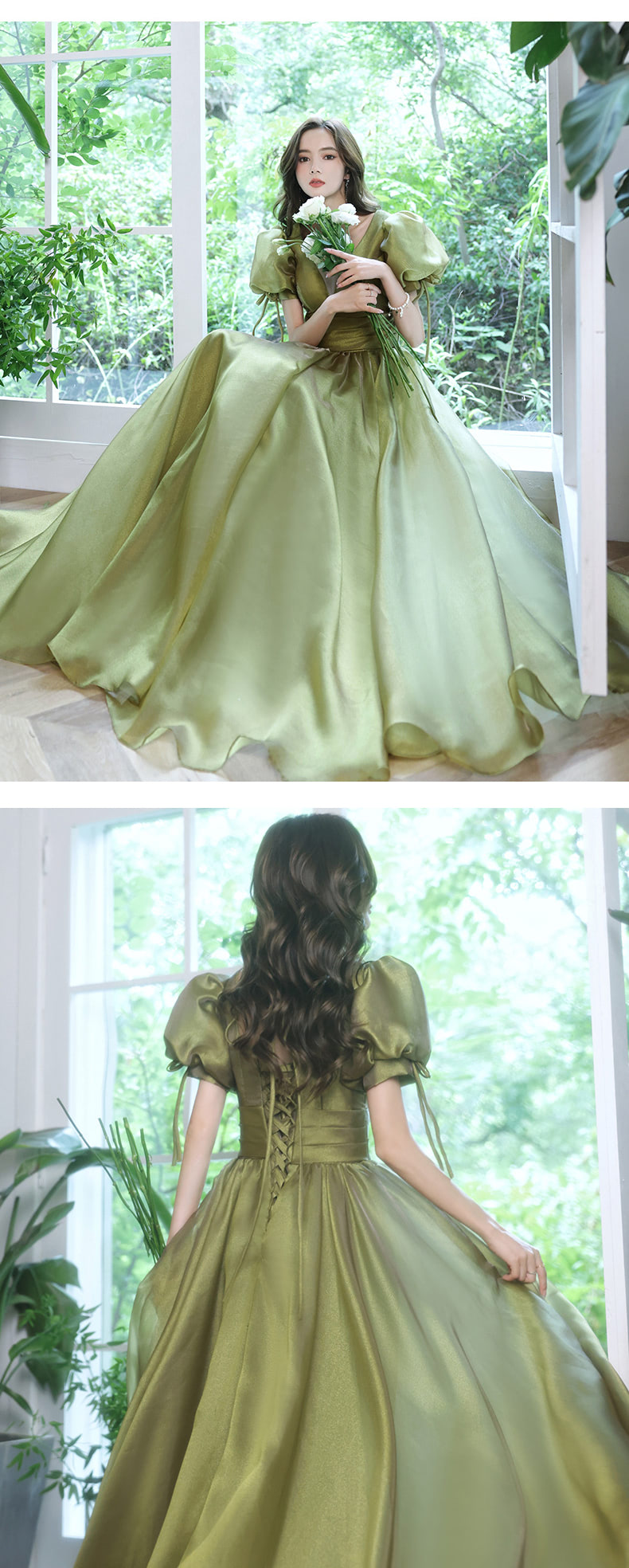 Fashion Green Satin Prom Party Dress with Short Puff Sleeves09