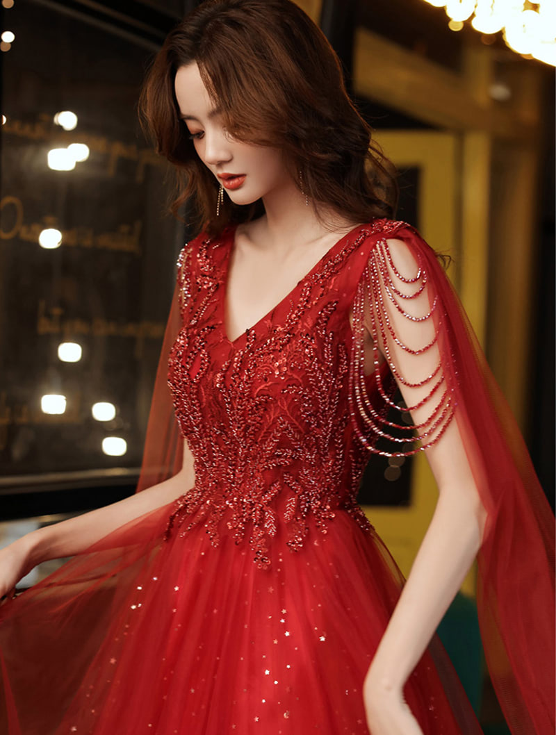 Luxury Charming Wine Red Lace V-neck Prom Party Evening Dress02