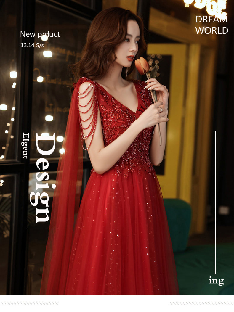 Luxury Charming Wine Red Lace V neck Prom Party Evening Dress07