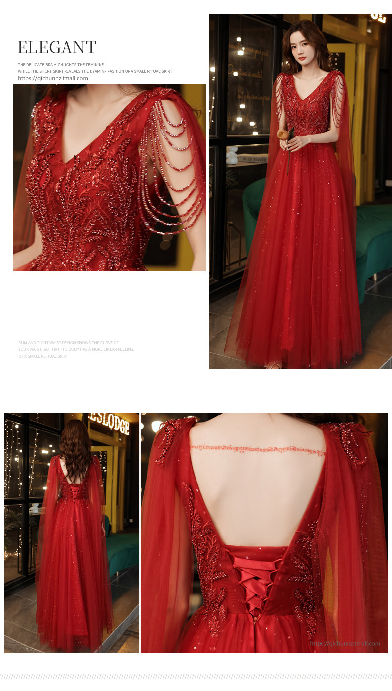 Luxury Charming Wine Red Lace V neck Prom Party Evening Dress09