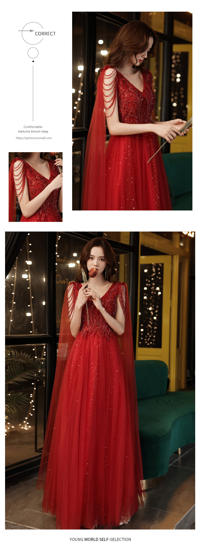 Luxury Charming Wine Red Lace V neck Prom Party Evening Dress11