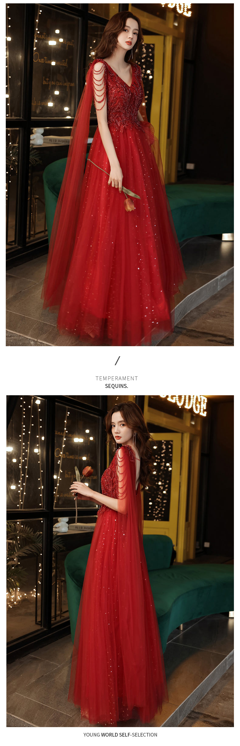 Luxury Charming Wine Red Lace V neck Prom Party Evening Dress12