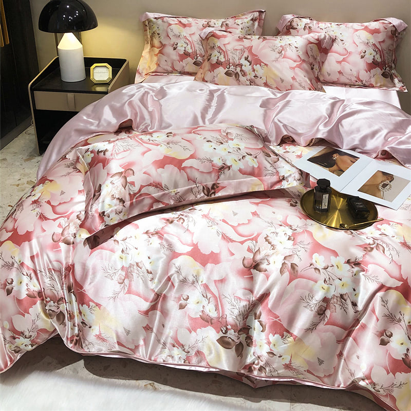 Luxury Floral Printed Satin Quilt Cover Pillowcase Flat Sheet01