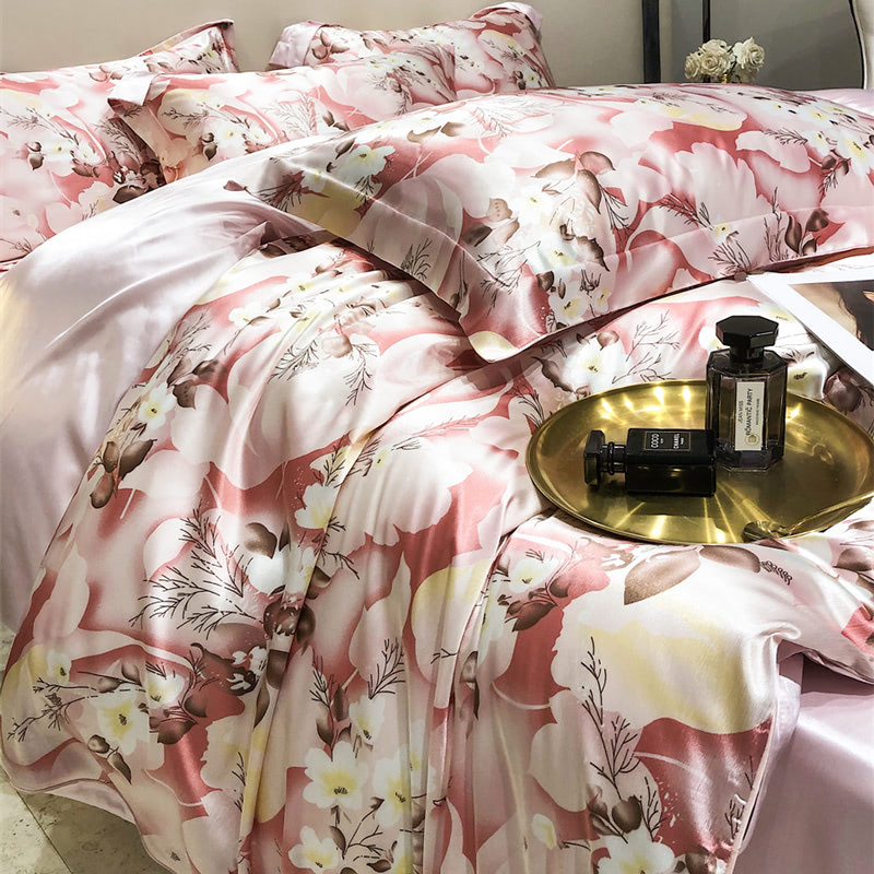 Luxury Floral Printed Satin Quilt Cover Pillowcase Flat Sheet02