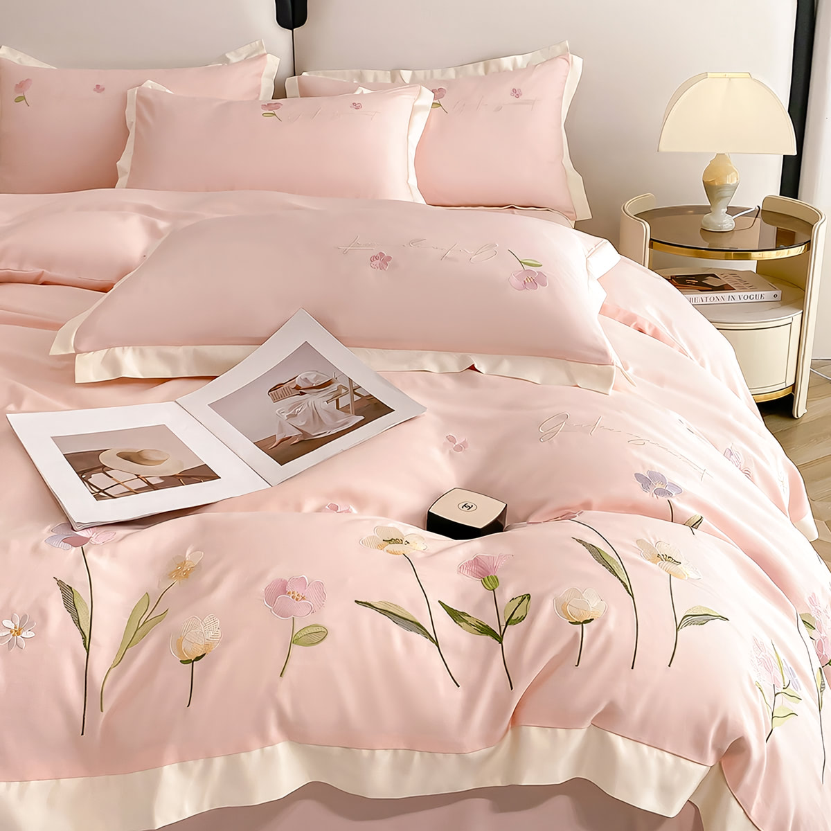 Lyocell Tencel Floral Embroidery Bed Sheets Pillowcase 4 Pcs Set01