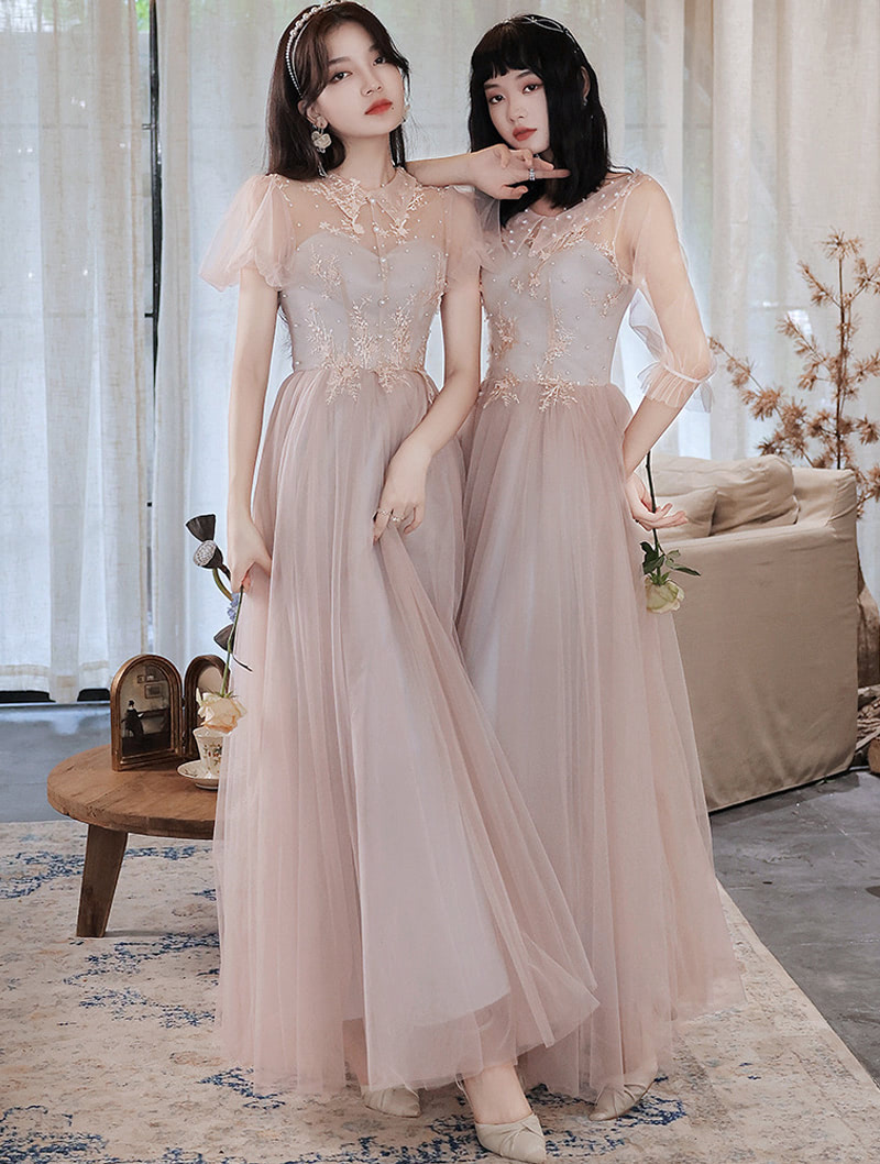 Pink Tulle Formal Bridesmaid Wedding Party Maxi Dress01
