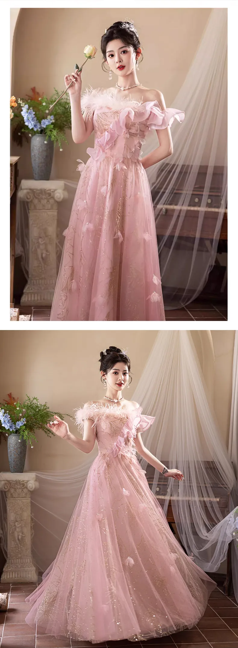 Pink-Tulle-Off-Shoulder-Feather-Neck-Butterfly-Princess-Prom-Formal-Dress11