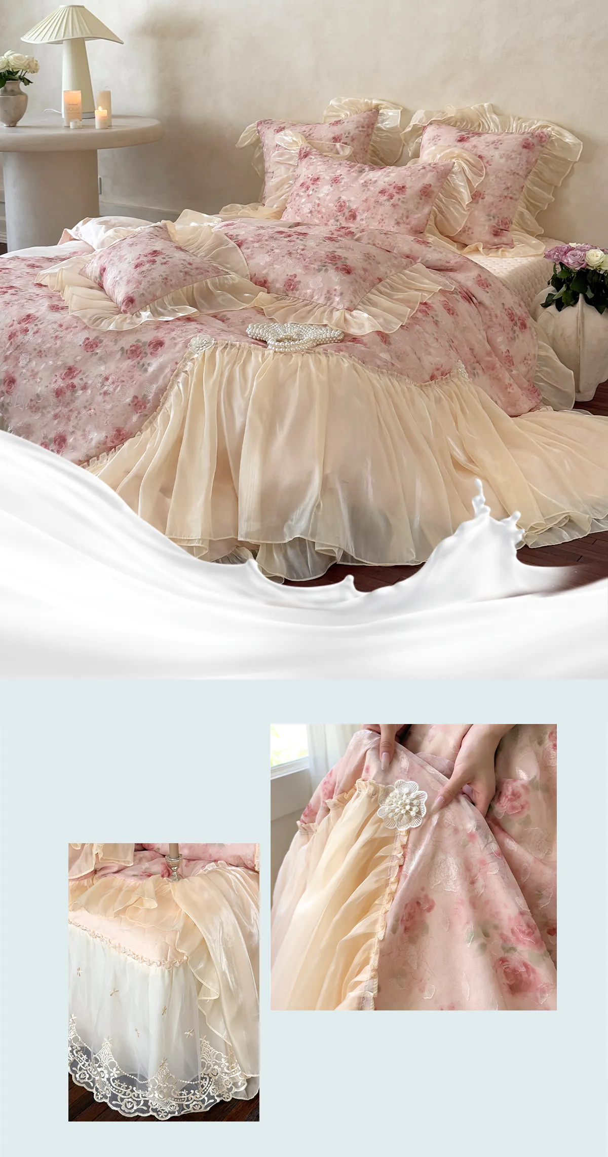 Romantic-Pink-100-Combed-Cotton-Rose-Floral-Print-Lace-Trim-Bedding-Set10