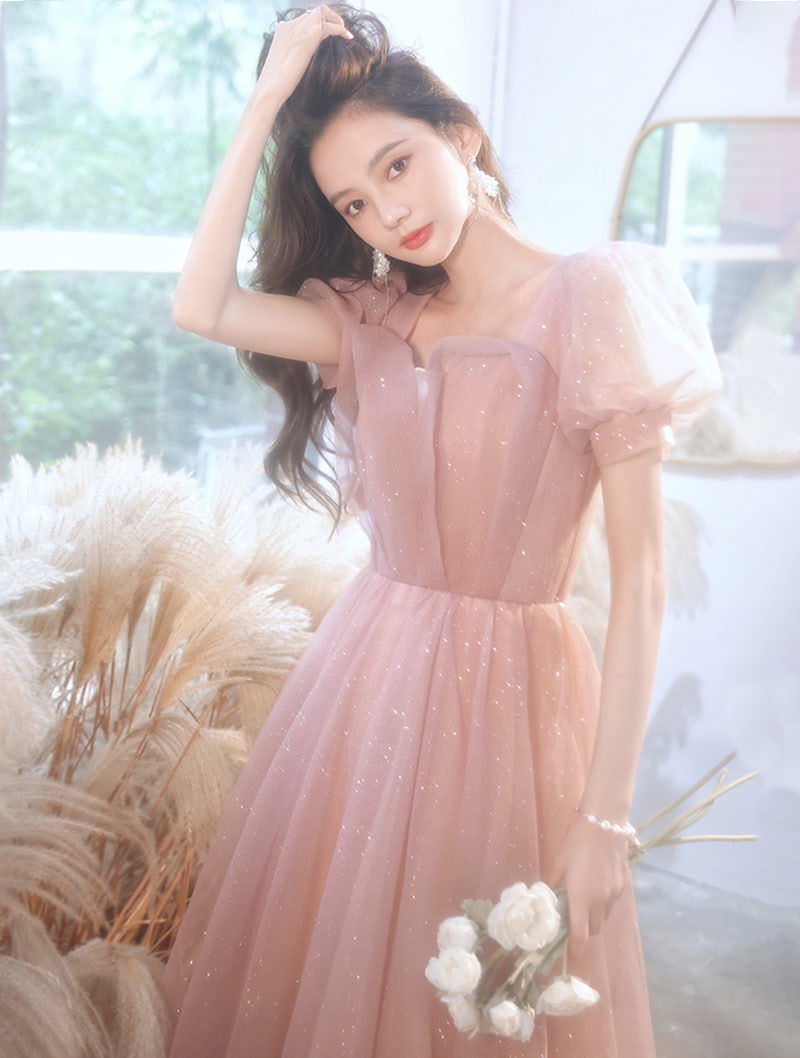 Romantic Pink Tulle Short Sleeve Party Ball Gown Formal Long Dress01