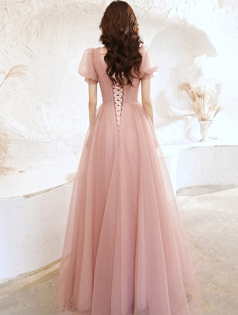 Romantic Pink Tulle Short Sleeve Party Ball Gown Formal Long Dress01
