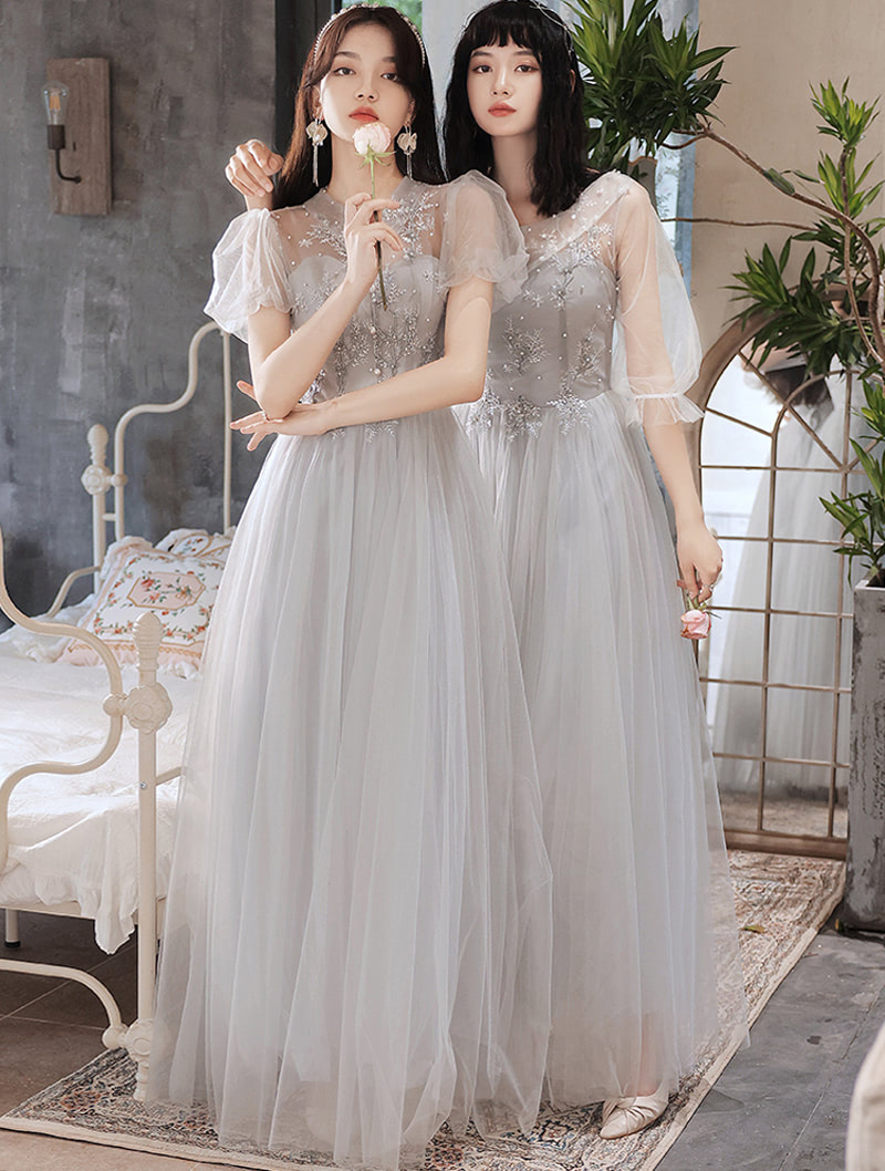 Simple A-line Bridal Party Gown Gray Bridesmaid Maxi Dress01