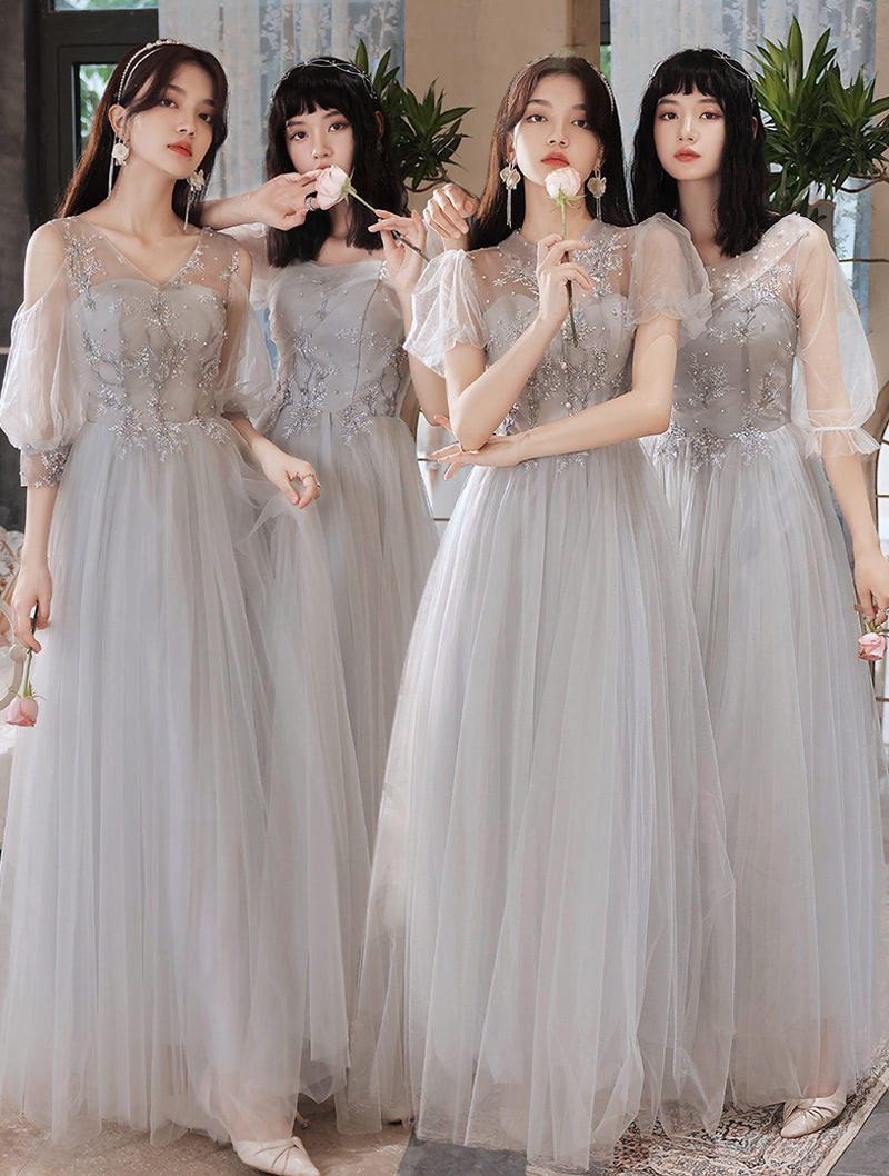 Simple A line Bridal Party Gown Gray Bridesmaid Maxi Dress02