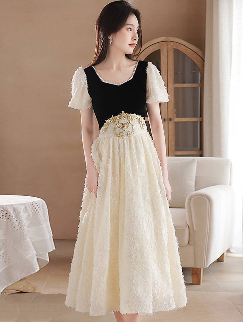 Simple Furry A-Line Short Sleeve Prom Party Midi Formal Dress01