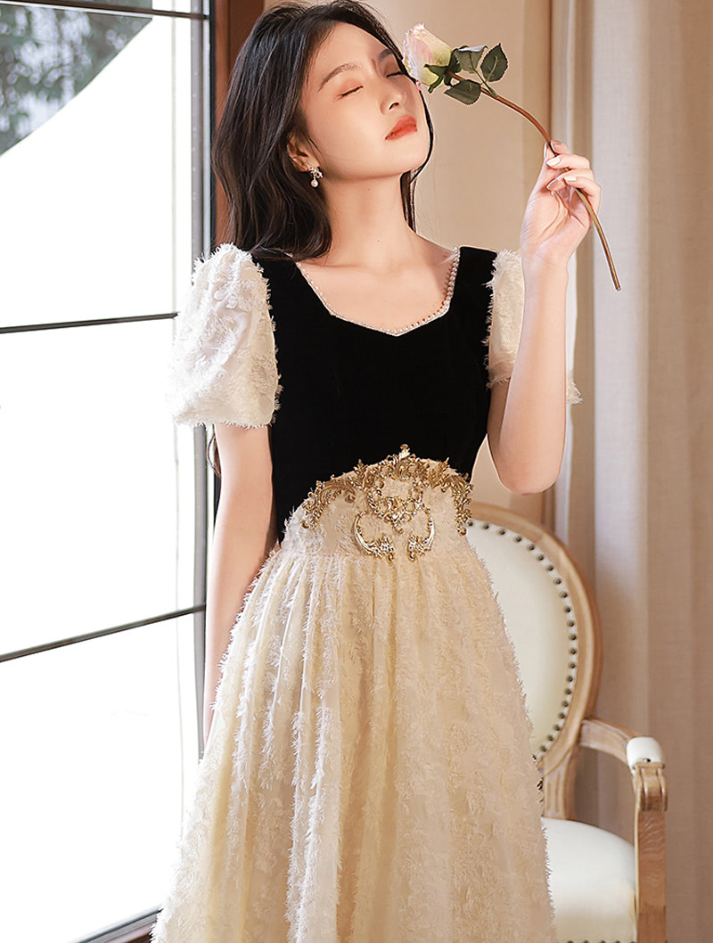 Simple Furry A Line Short Sleeve Prom Party Midi Formal Dress02