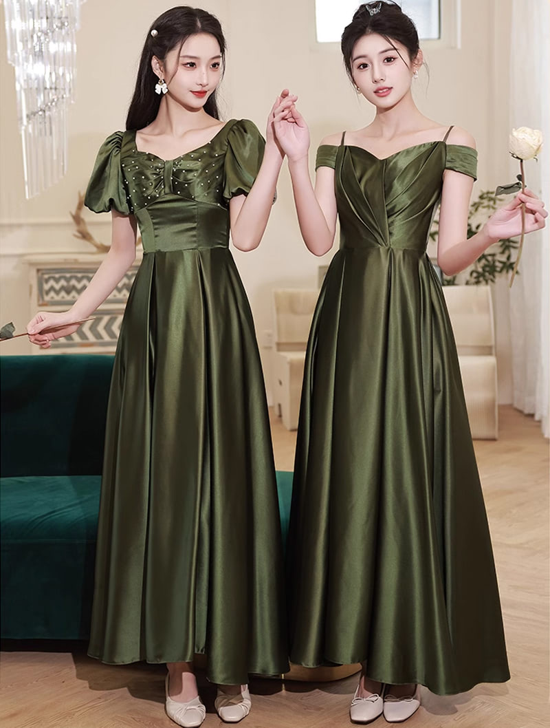 Simple Ladies Emerald Green Satin Bridesmaid Dress Evening Gown01