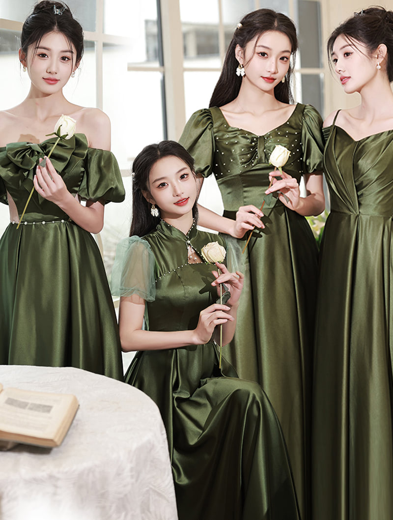 Simple Ladies Emerald Green Satin Bridesmaid Dress Evening Gown02