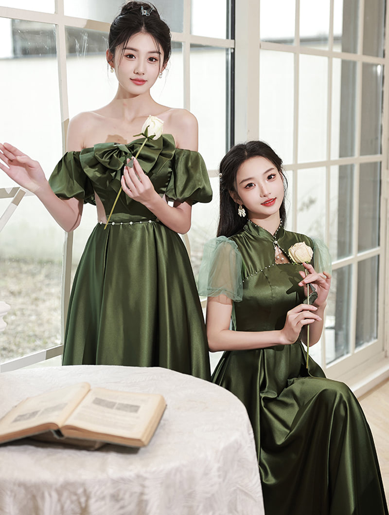 Simple Ladies Emerald Green Satin Bridesmaid Dress Evening Gown03