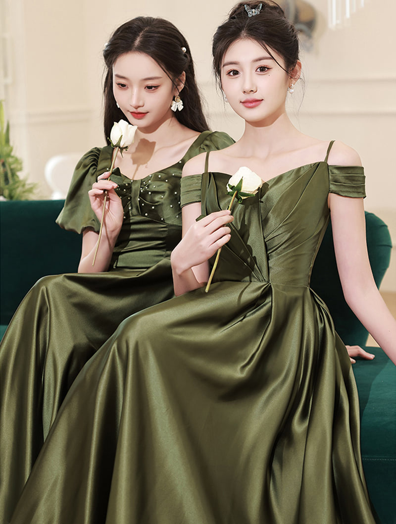 Simple Ladies Emerald Green Satin Bridesmaid Dress Evening Gown01