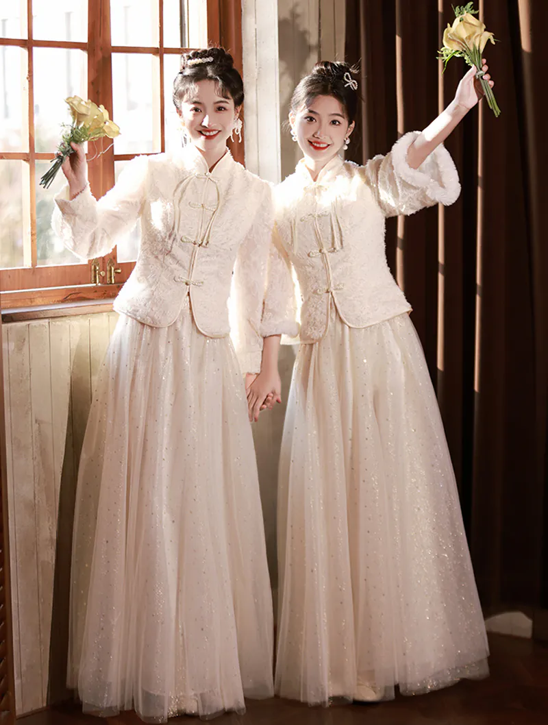 Sweet Chinese Style Long Sleeve Warm Champagne Bridesmaid Dress02