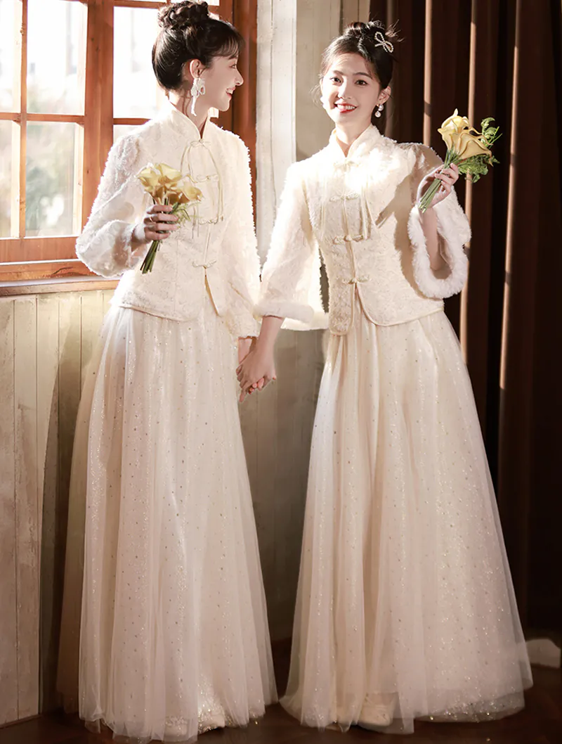 Sweet Chinese Style Long Sleeve Warm Champagne Bridesmaid Dress03