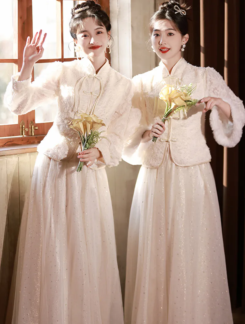 Sweet Chinese Style Long Sleeve Warm Champagne Bridesmaid Dress04