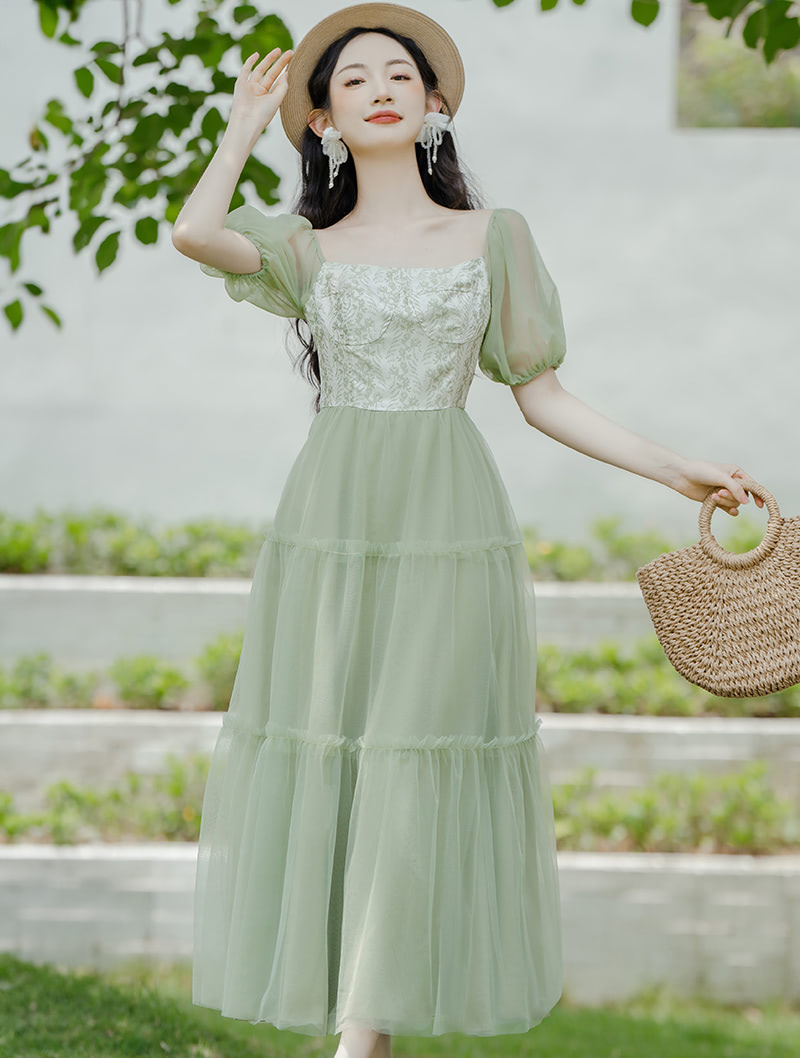 Sweet French Style Green Jacquard Tulle Floral Summer Casual Dress01