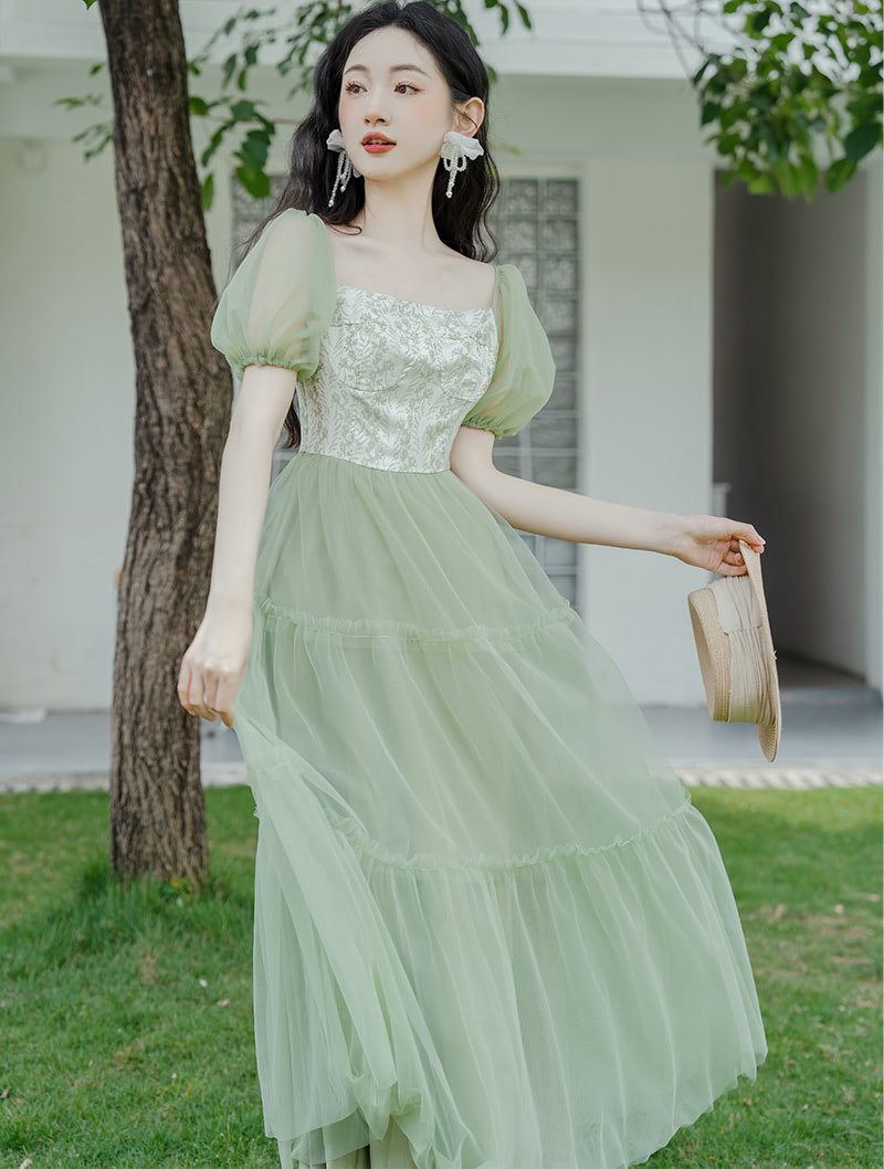 Sweet French Style Green Jacquard Tulle Floral Summer Casual Dress02