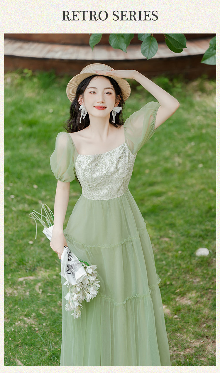 Sweet-French-Style-Green-Jacquard-Tulle-Floral-Summer-Casual-Dress06