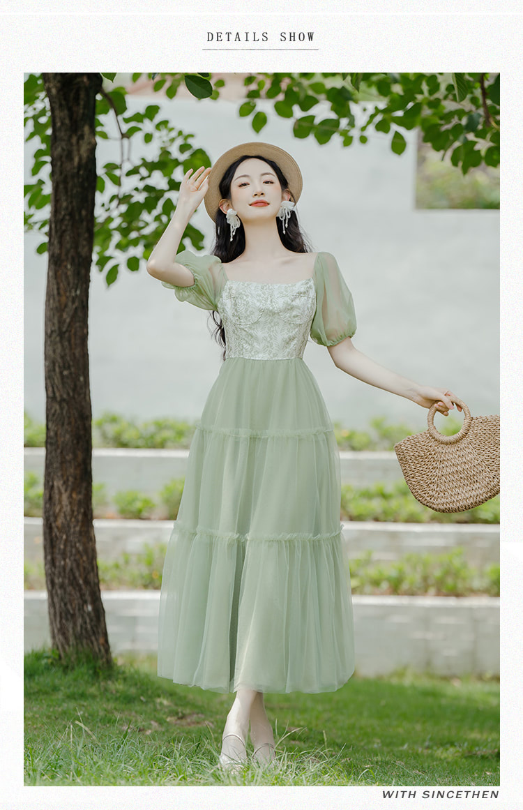 Sweet-French-Style-Green-Jacquard-Tulle-Floral-Summer-Casual-Dress08