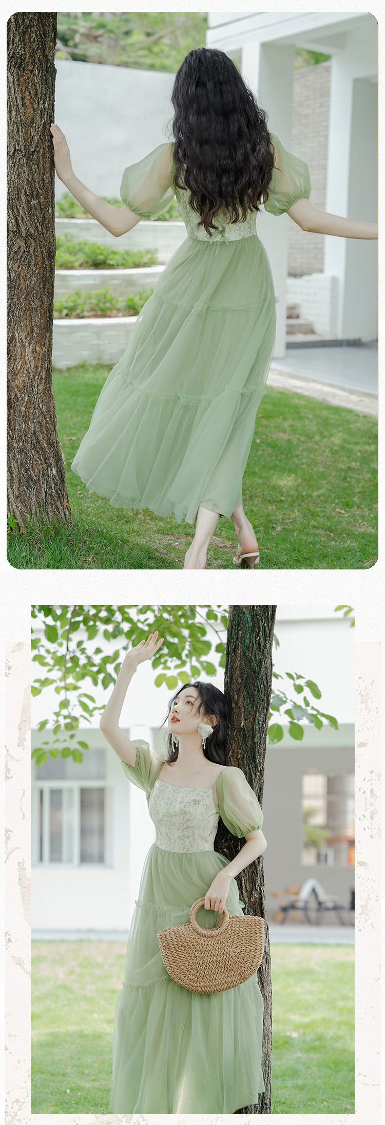 Sweet-French-Style-Green-Jacquard-Tulle-Floral-Summer-Casual-Dress09
