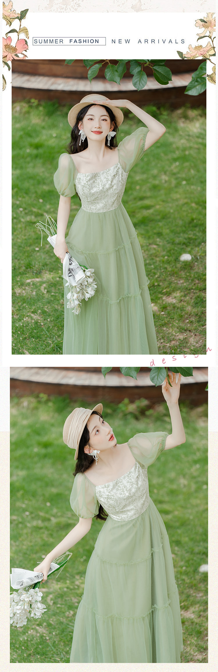Sweet-French-Style-Green-Jacquard-Tulle-Floral-Summer-Casual-Dress10